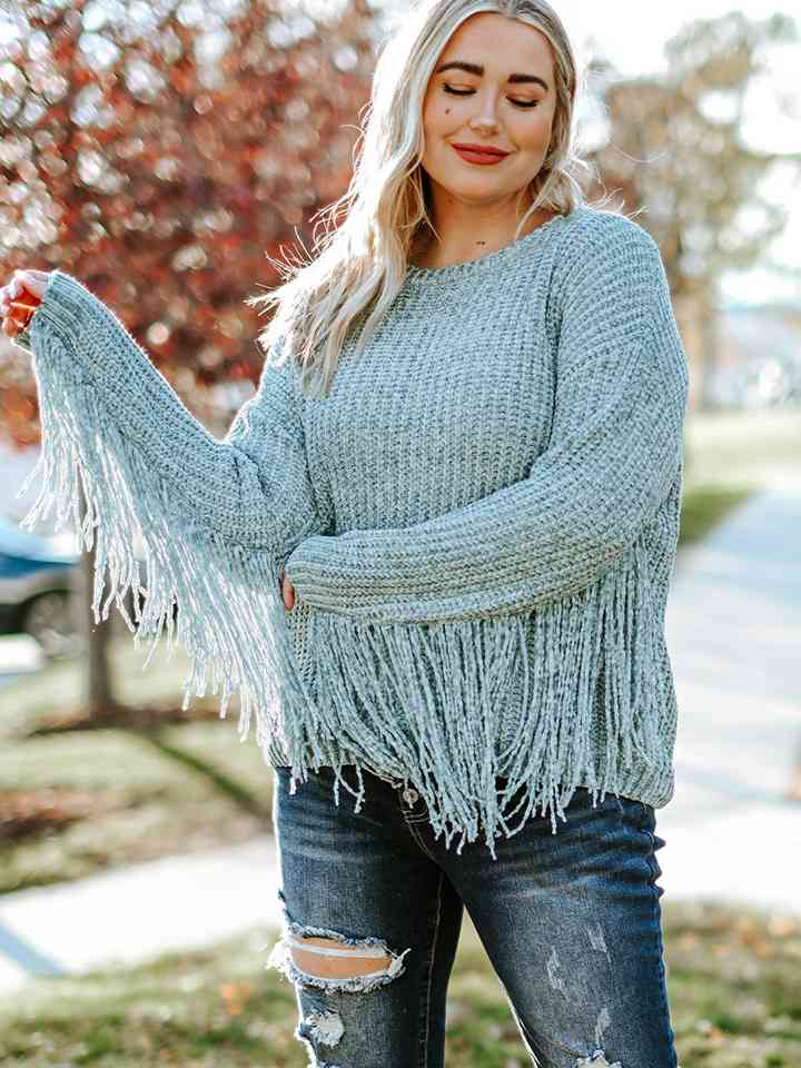 Gray Plus Size Round Neck Long Sleeve Fringe Detail Sweater Holiday