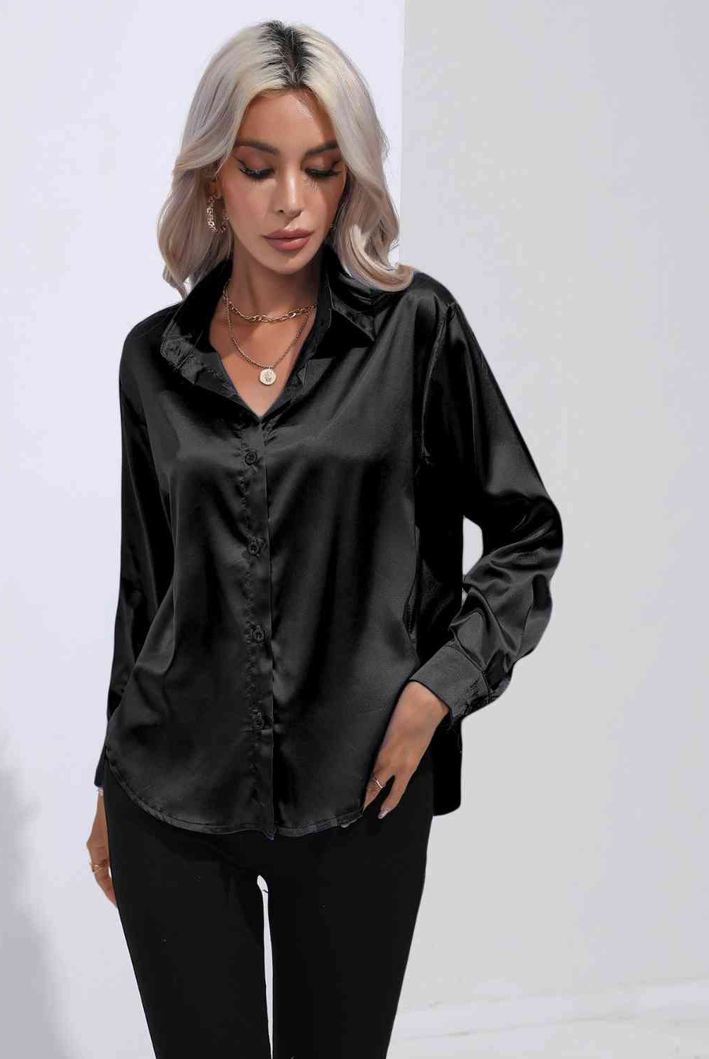 Black Collared Neck Buttoned Long Sleeve Shirt Plus Size Clothes