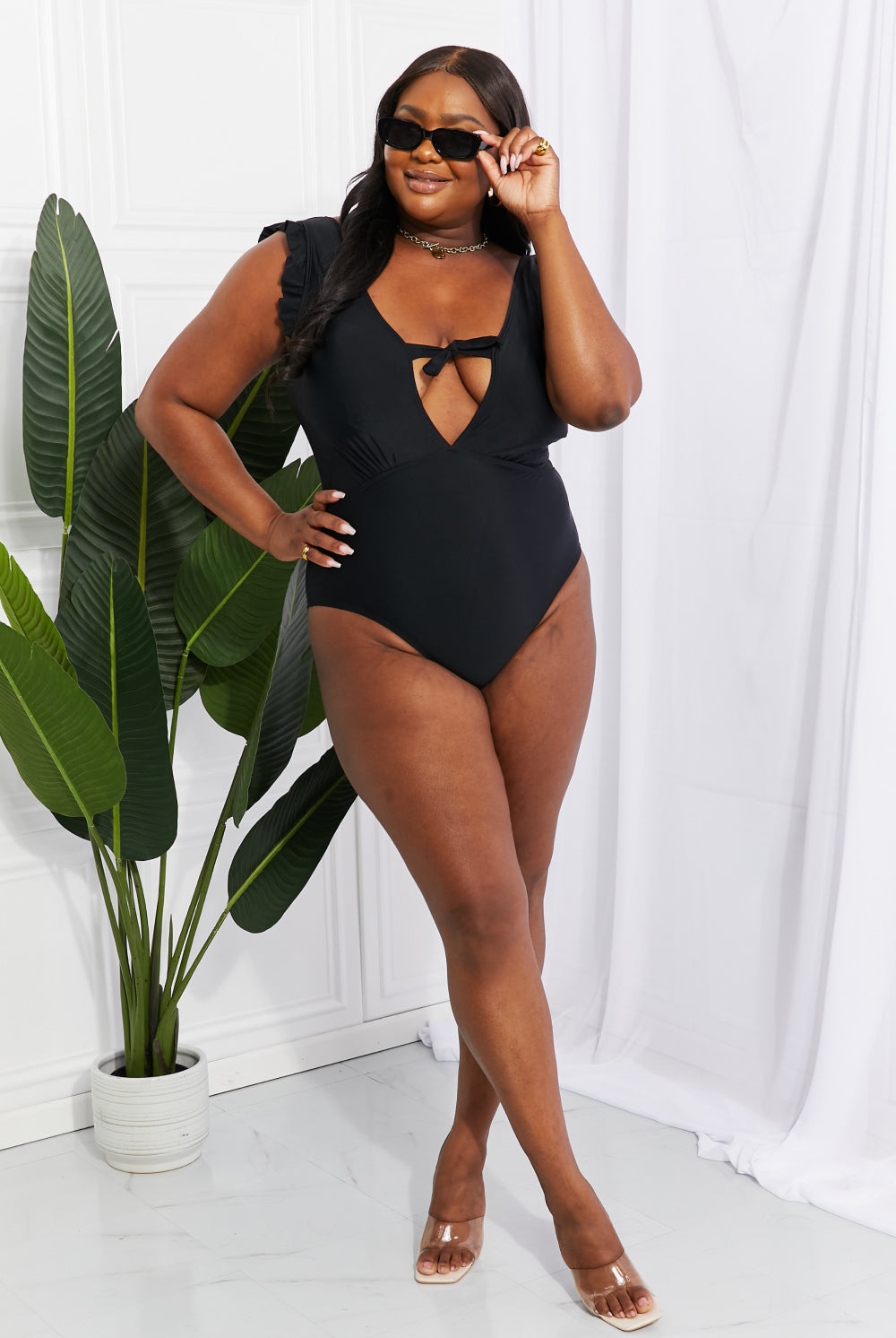 Dark Slate Gray Marina West Swim Seashell Ruffle Sleeve One-Piece in Black Swimwear