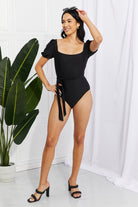 Light Gray Marina West Swim Salty Air Puff Sleeve One-Piece in Black Swimwear