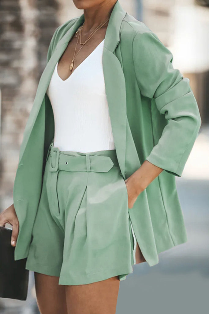 Dark Sea Green Longline Blazer and Shorts Set with Pockets Outfit Sets