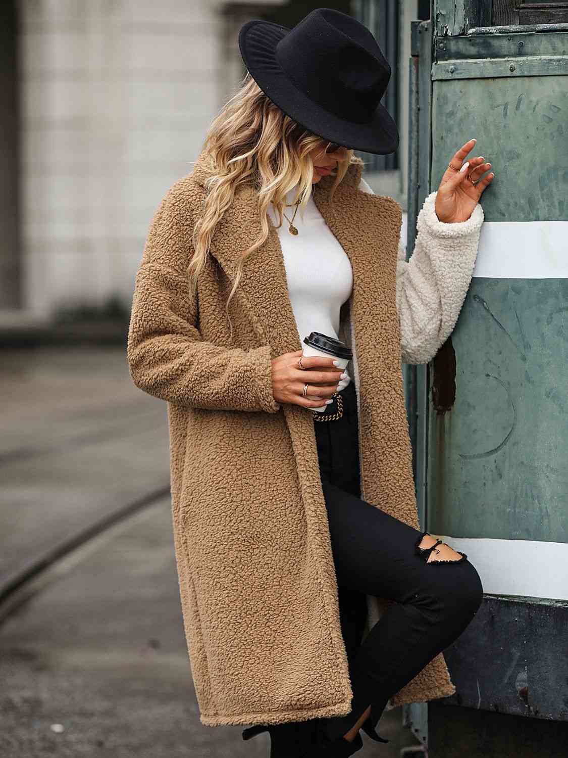 Dim Gray Contrast Dropped Shoulder Sherpa Coat Clothes