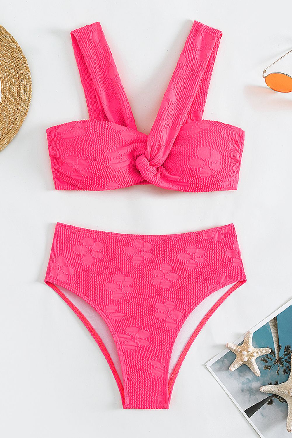 Misty Rose Wanna Play Mermaids Floral Textured Twisted Detail Bikini Set Swimwear
