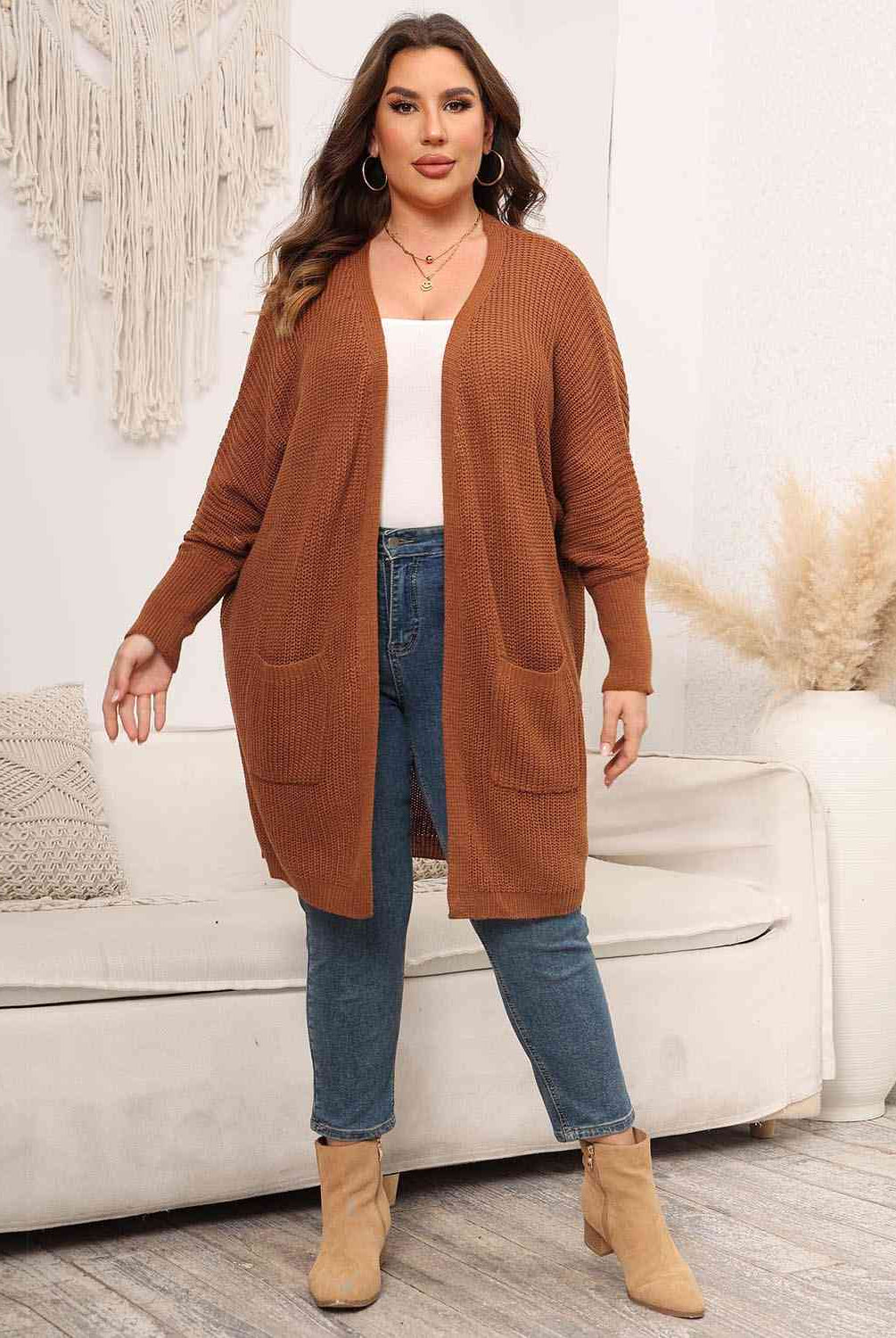 Light Gray Plus Size Open Front Cardigan With Pockets Plus Size Clothes