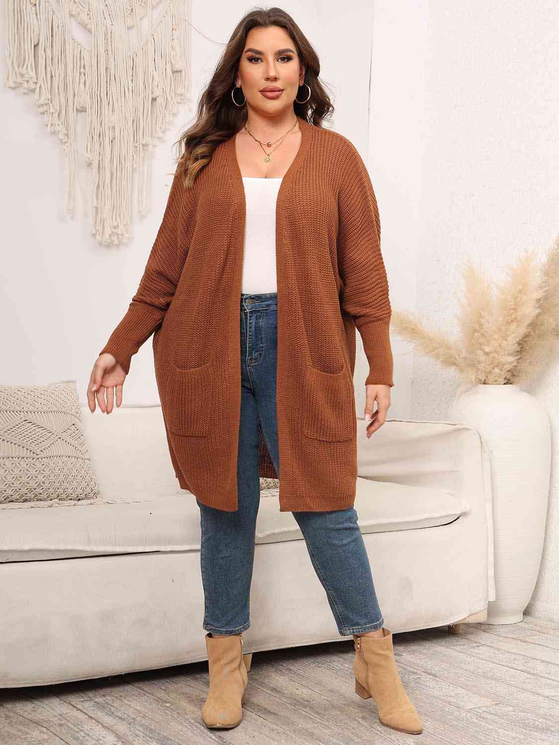 Light Gray Plus Size Open Front Cardigan With Pockets Plus Size Clothes