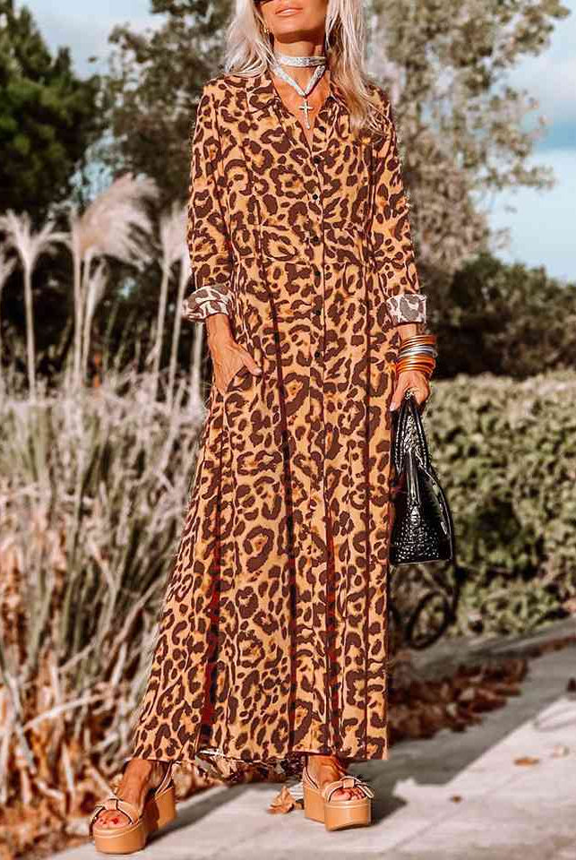 Rosy Brown Leopard Buttoned Maxi Dress Trends