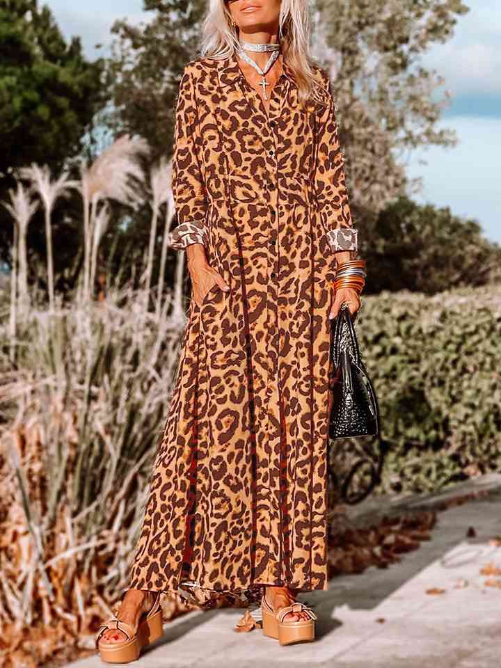 Rosy Brown Leopard Buttoned Maxi Dress Trends