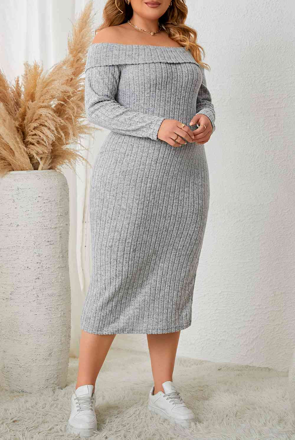 Gray Plus Size Square Neck Long Sleeve Slit Dress Plus Size Clothes