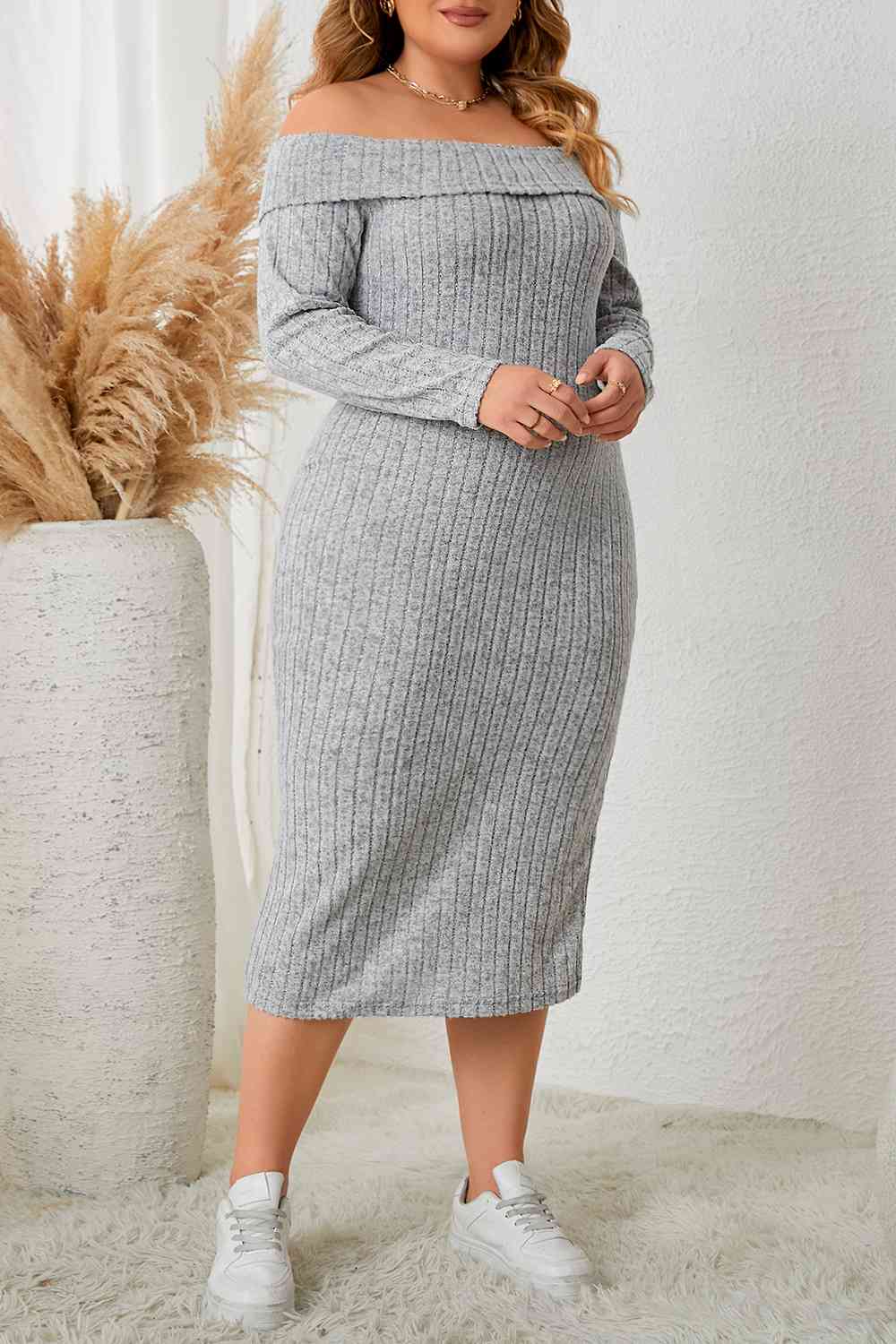 Gray Plus Size Square Neck Long Sleeve Slit Dress Plus Size Clothes