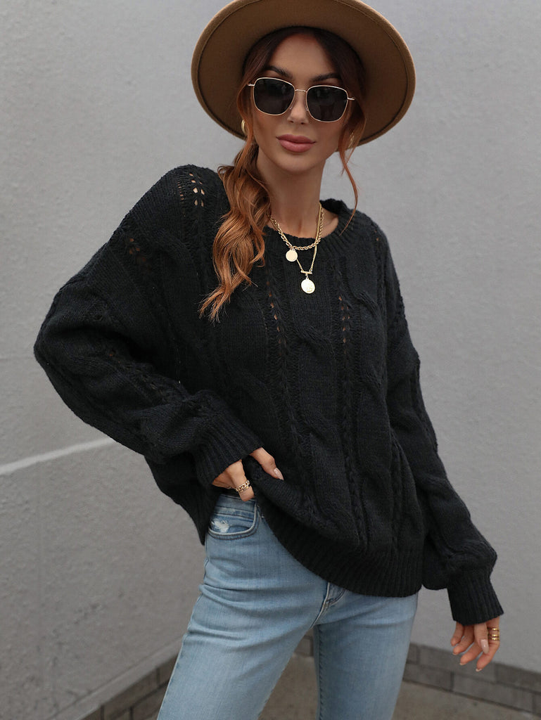 Slate Gray One On One Cable-Knit Openwork Round Neck Sweater Shirts & Tops