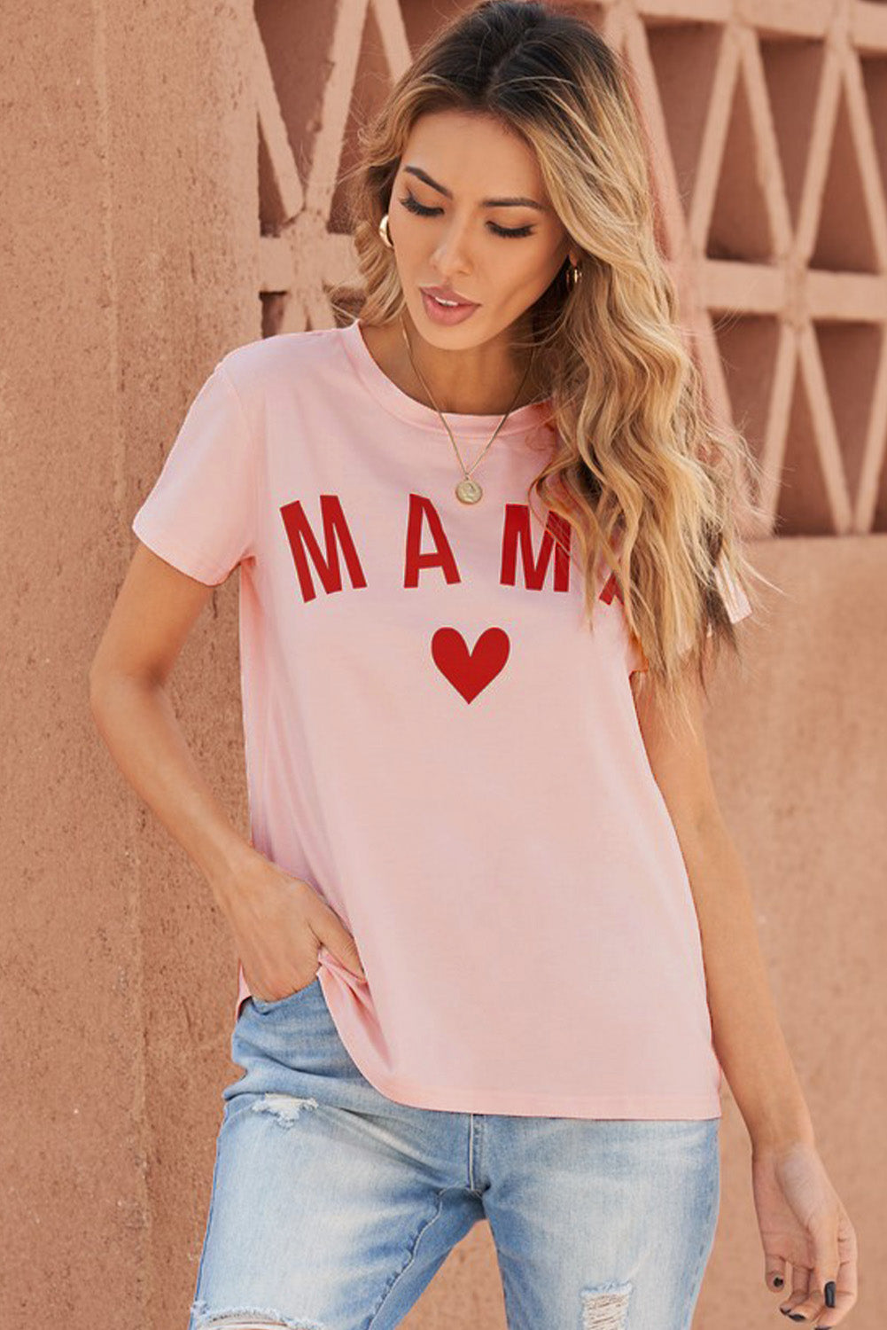 Rosy Brown MAMA Heart Graphic Tee Shirts & Tops