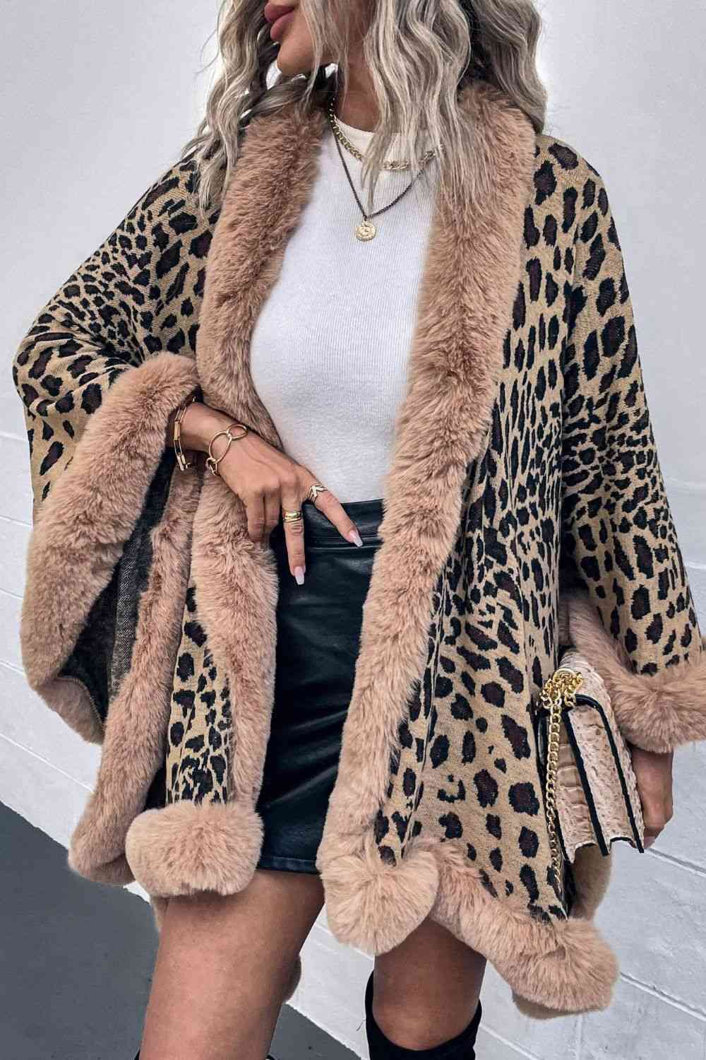 Rosy Brown Leopard Open Front Poncho Trends