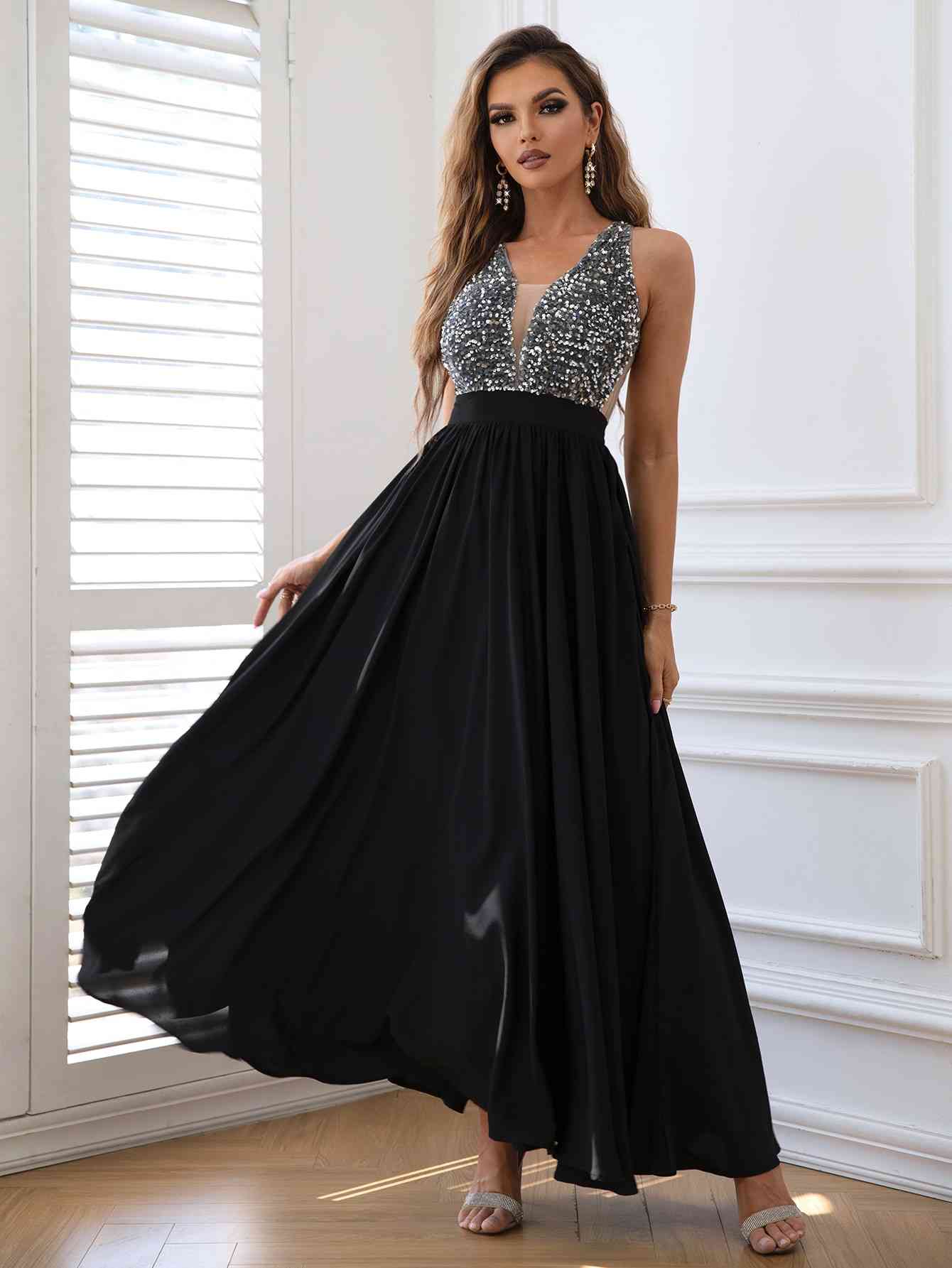 Black Contrast Sequin Sleeveless Maxi Dress Holiday