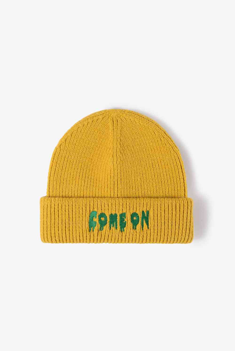 Goldenrod COME ON Embroidered Cuff Knit Beanie Winter Accessories