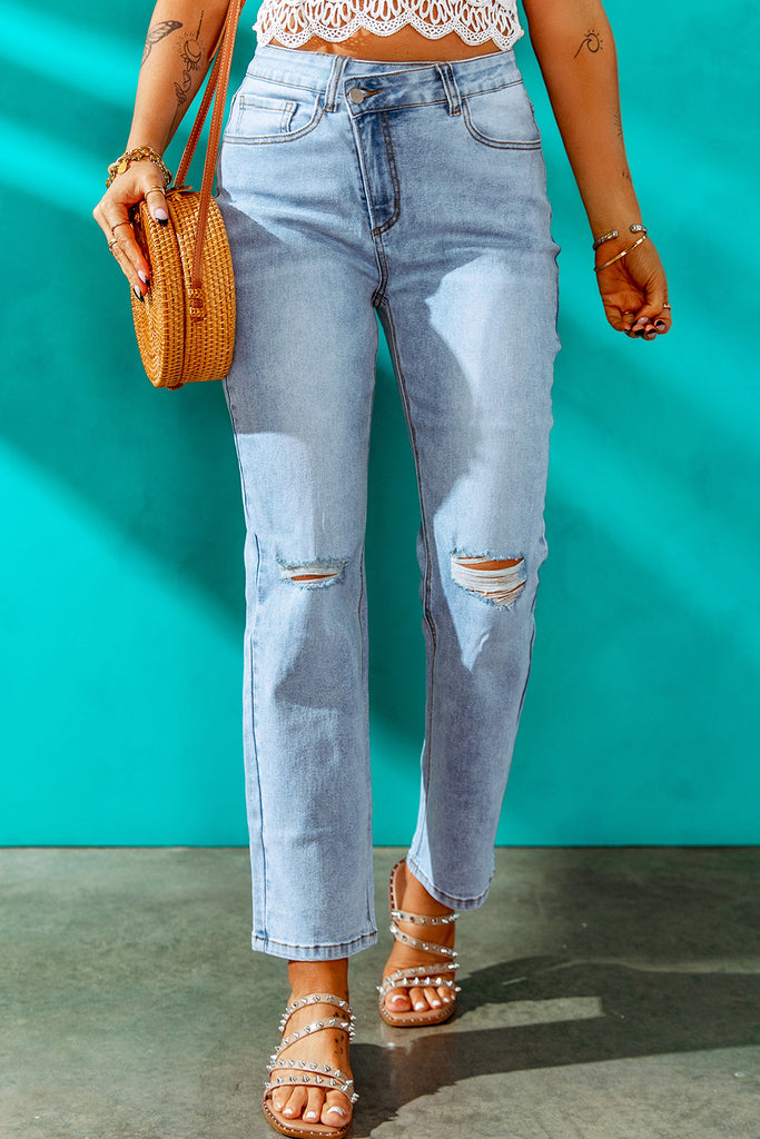 Cadet Blue Be A Queen High Waist Distressed Straight Leg Jeans Pants