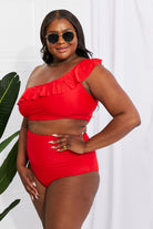 Brown Marina West Swim Seaside Romance Ruffle One-Shoulder Bikini in Red Swimwear