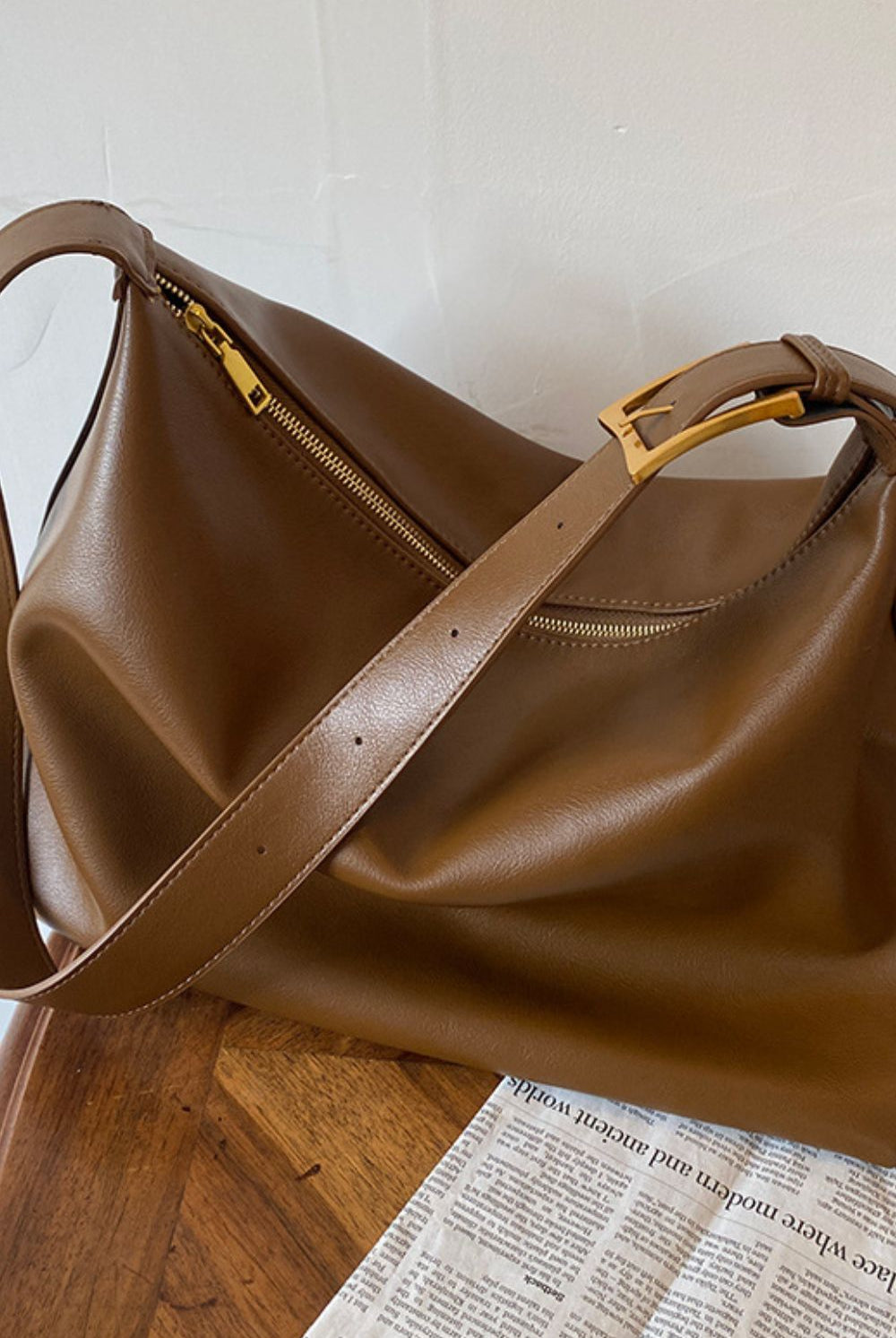 Saddle Brown Wide Strap PU Leather Crossbody Bag Handbags