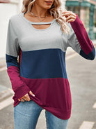 Gray Color Block Cutout Round Neck Long Sleeve T-Shirt Holiday