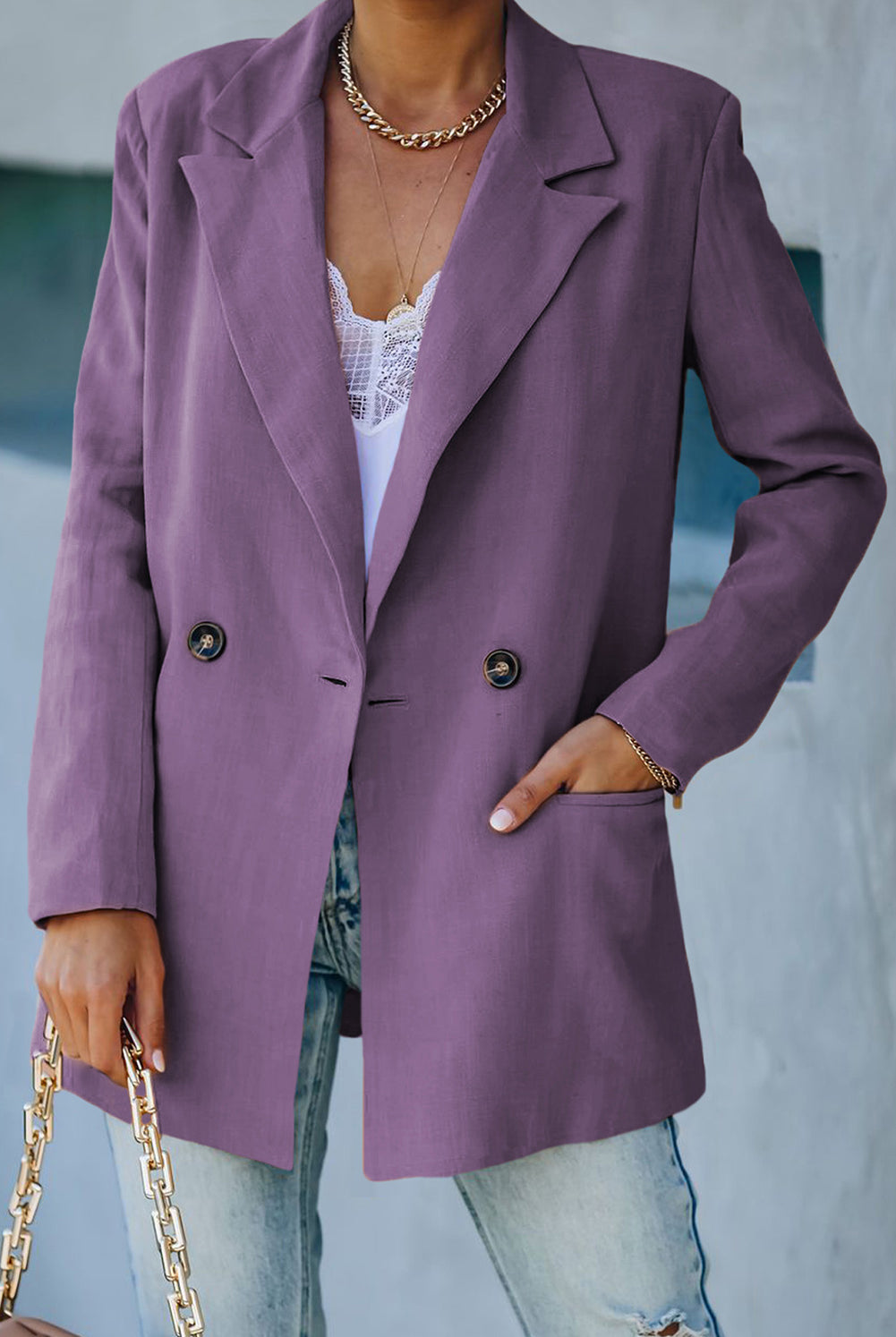 Slate Gray A Barbie Double-Breasted Padded Shoulder Blazer with Pockets Blazers