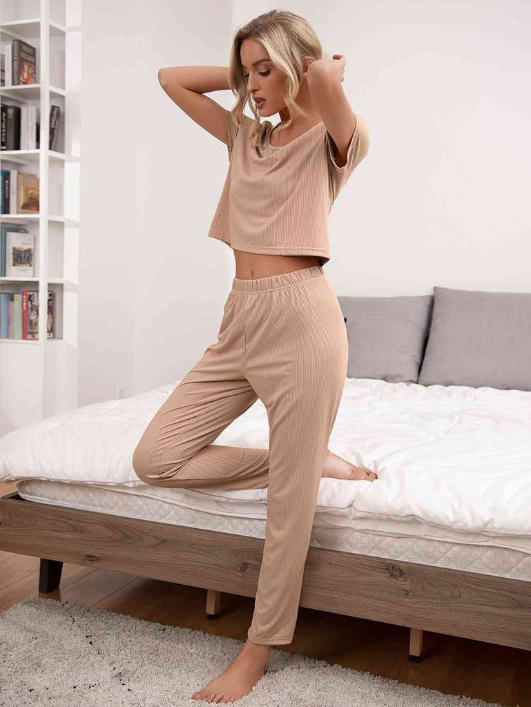 Light Gray In Love Round Neck Short Sleeve Top and Pants Lounge Set Loungewear