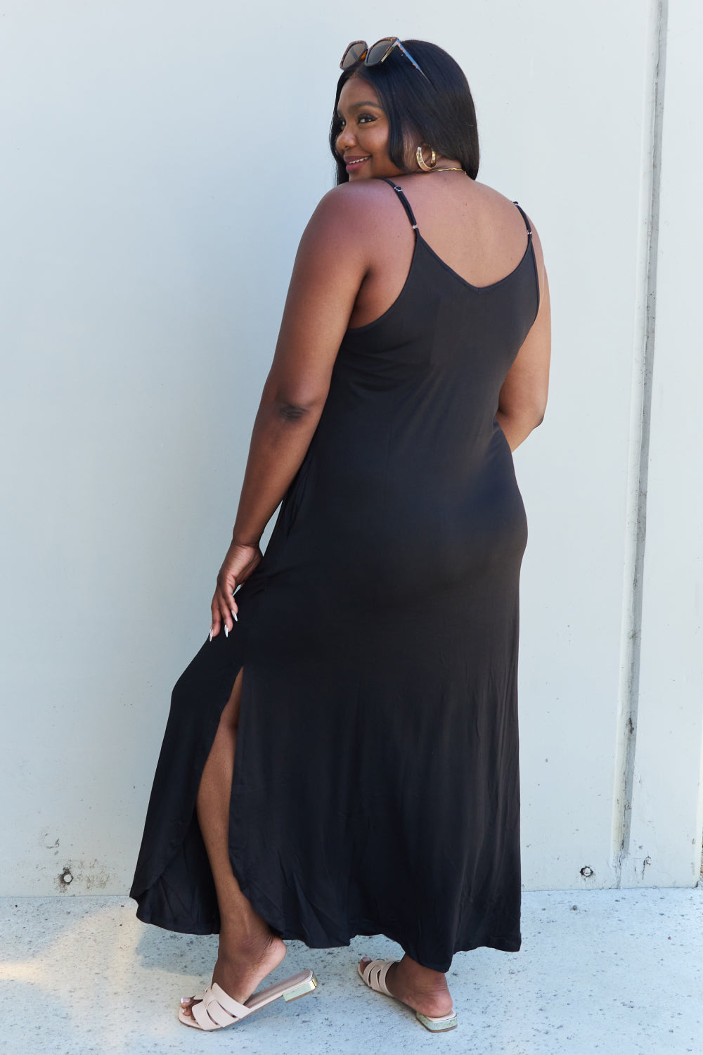 Light Gray Good Energy Full Size Cami Side Slit Maxi Dress in Black Maxi Dresses