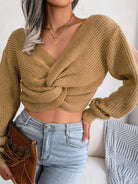 Dim Gray Twisted Front Long Sleeve Cropped Sweater Shirts & Tops