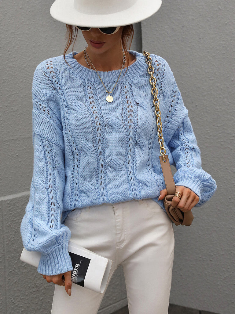 Light Slate Gray One On One Cable-Knit Openwork Round Neck Sweater Shirts & Tops