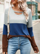 Gray Color Block Cutout Round Neck Long Sleeve T-Shirt Holiday