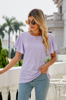 Gray Eyelet Flutter Sleeve Round Neck Top Tops