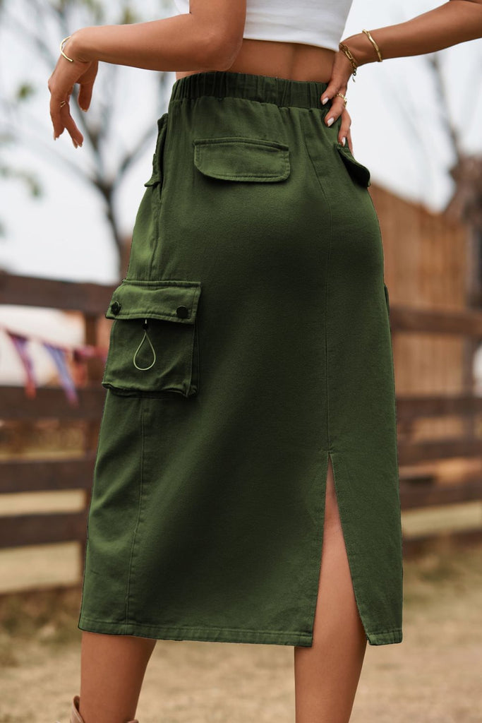 Dark Slate Gray Drawstring Waist Slit Denim Skirt Denim