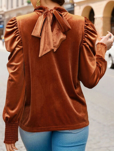 Saddle Brown Tied Mock Neck Puff Sleeve Blouse Clothing