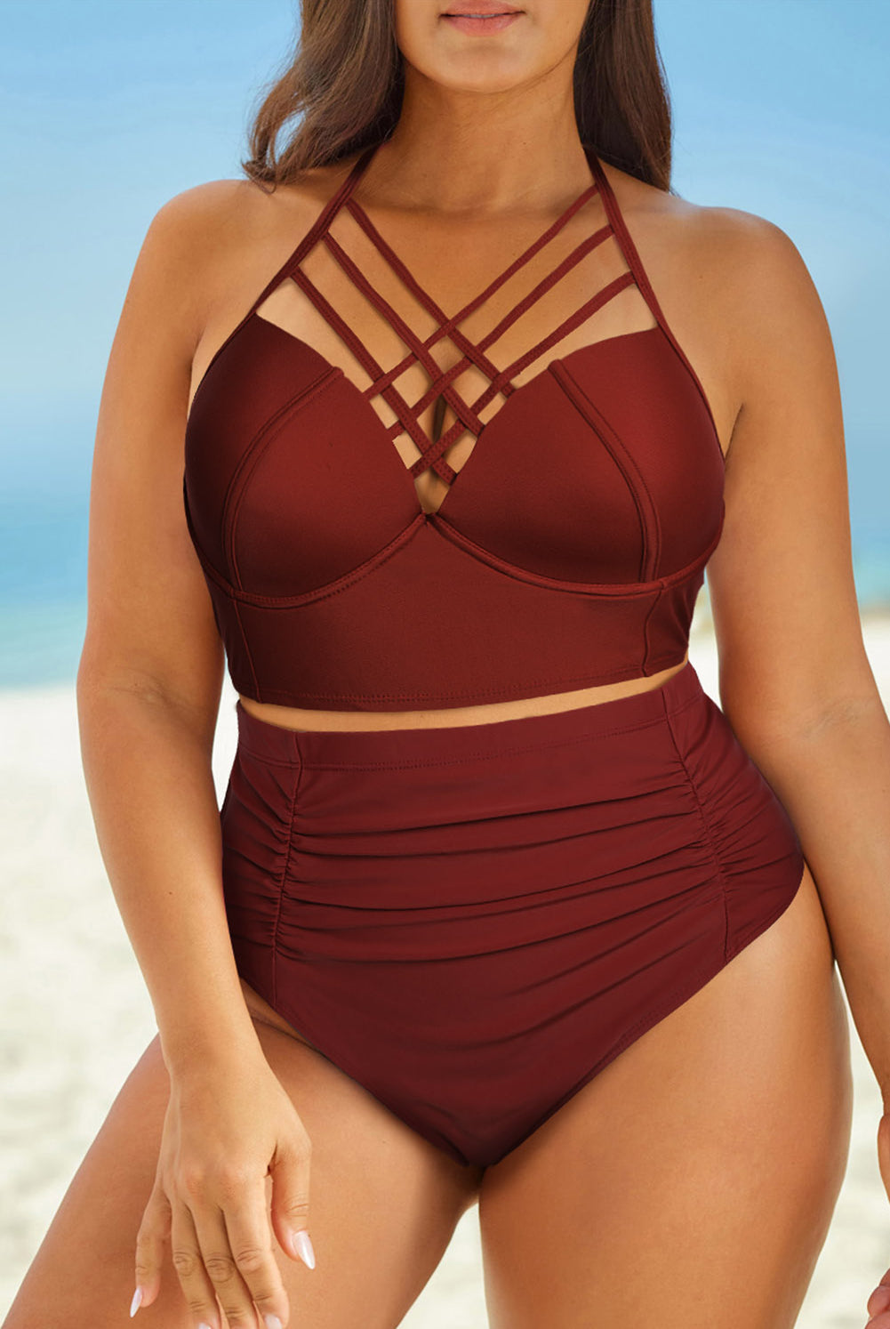 Chocolate Halter Neck Crisscross Ruched Two-Piece Swimsuit Clothing