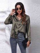 Gray Collared Neck Buttoned Long Sleeve Shirt Plus Size Clothes