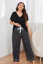 Light Gray Plus Size V-Neck Top and Plaid Pants Lounge Set