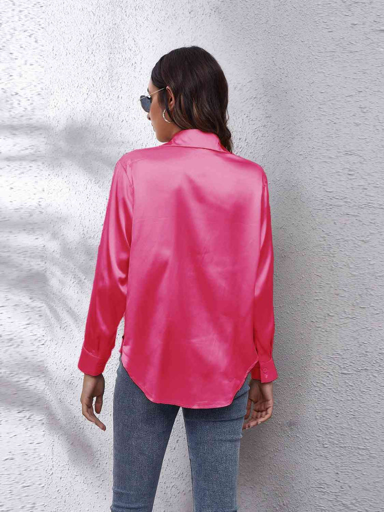 Gray Collared Neck Buttoned Long Sleeve Shirt Plus Size Clothes