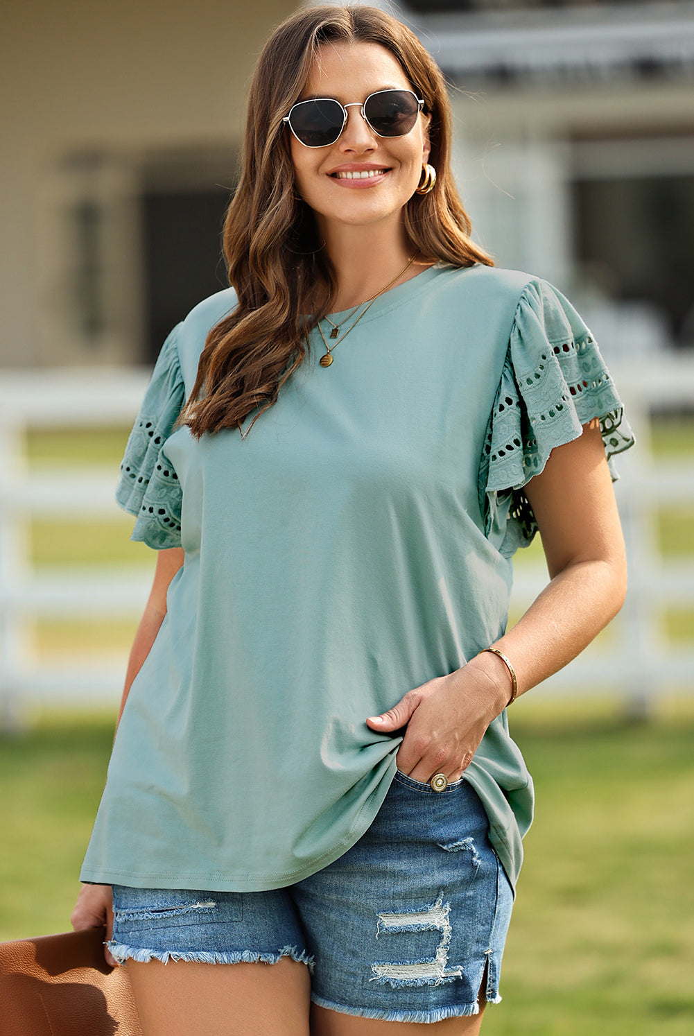 Dark Sea Green Plus Size Butterfly Sleeve Round Neck Top Plus Size Clothes