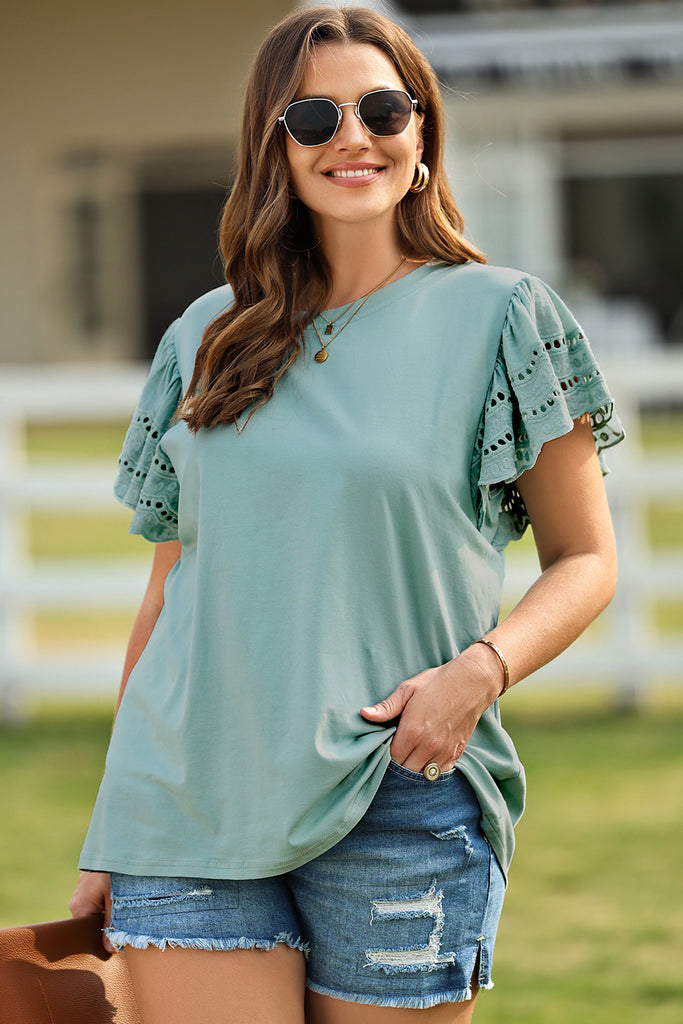 Dark Sea Green Plus Size Butterfly Sleeve Round Neck Top Plus Size Clothes