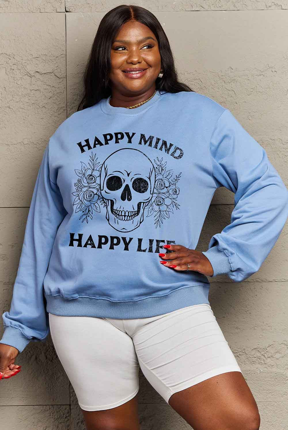Dark Gray Simply Love Simply Love Full Size HAPPY MIND HAPPY LIFE SKULL Graphic Sweatshirt Sweatshirts