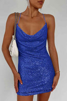 Gray Cowl Neck Contrast Sequin Sleeveless Mini Dress Holiday