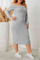 Gray Plus Size Square Neck Long Sleeve Slit Dress Plus Size Clothes