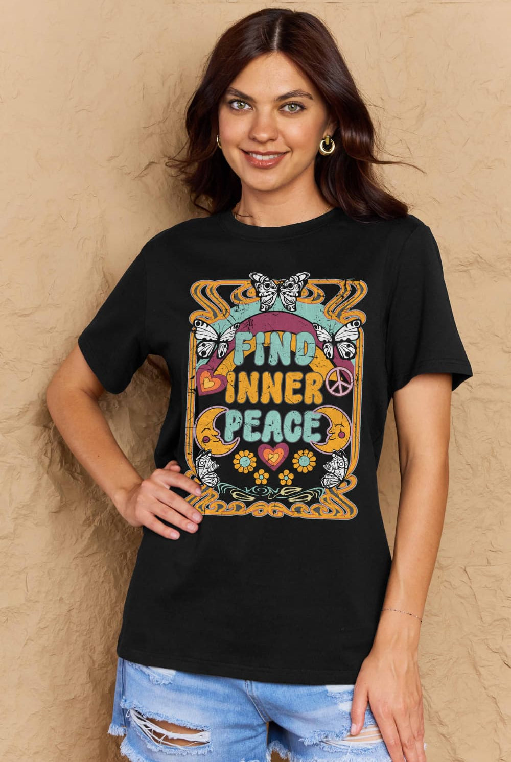 Tan FIND INNER PEACE Graphic Cotton T-Shirt Graphic Tees