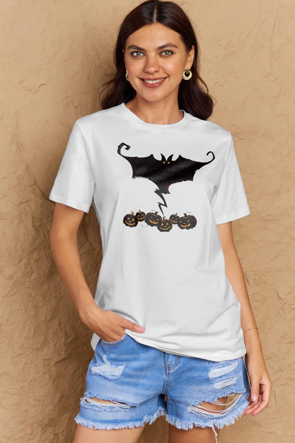 Rosy Brown Simply Love Full Size Bat & Pumpkin Graphic Cotton T-Shirt Clothing