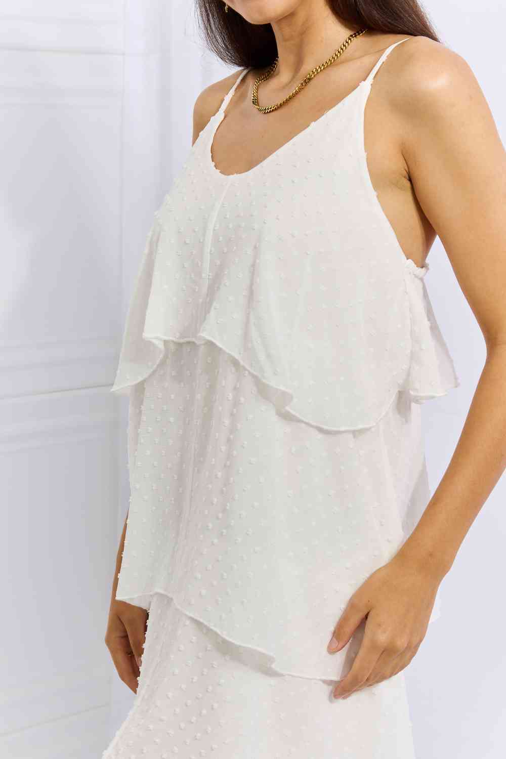 Light Gray Culture Code By The River Full Size Cascade Ruffle Style Cami Dress in Soft White Clothing
