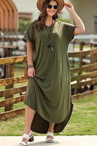 Dark Olive Green Plus Size V-Neck Short Sleeve Maxi Dress Clothing