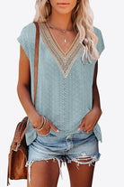 Light Gray Eyelet Contrast V-Neck Tee Tops