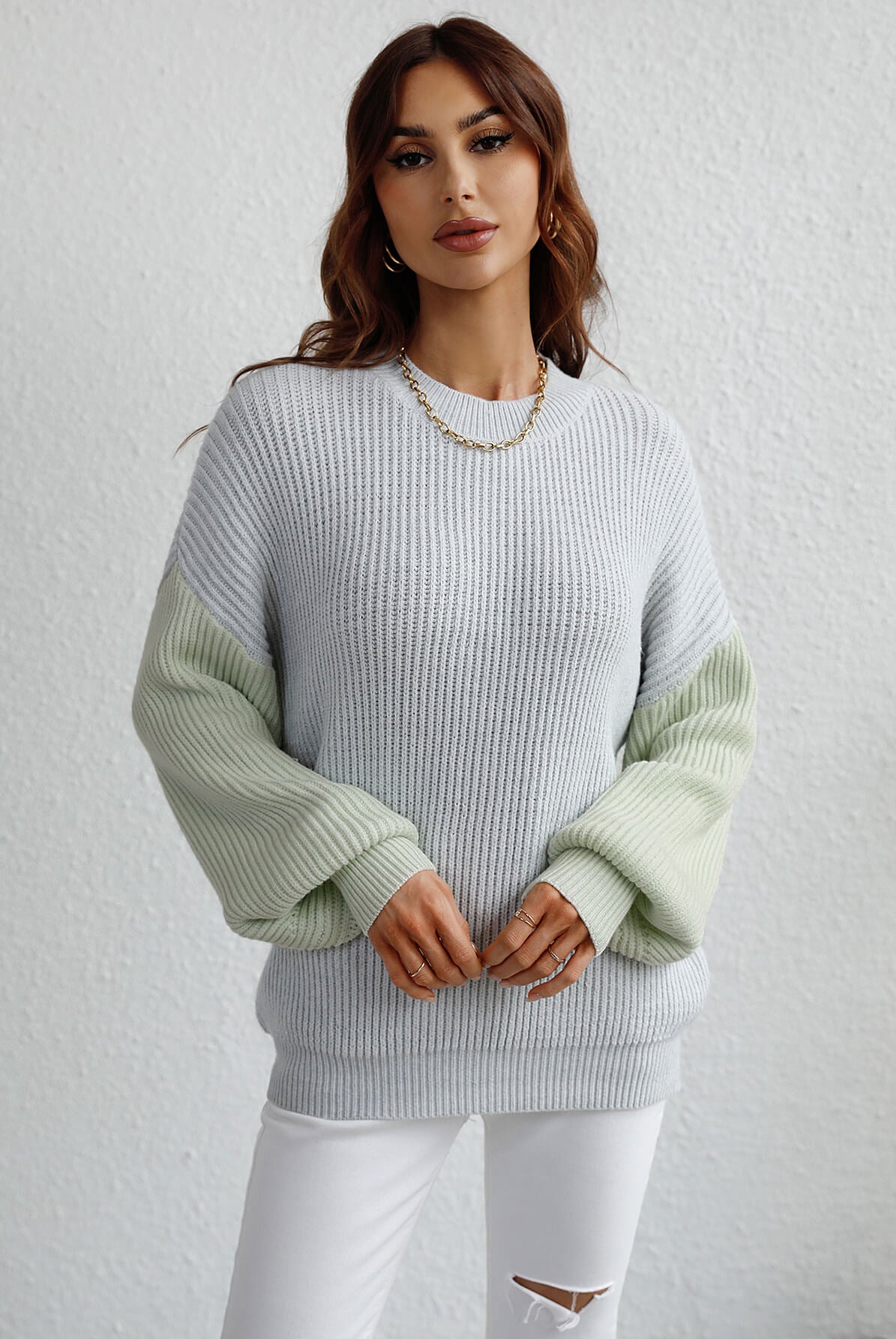 Gray Sun Kissed Two-Tone Rib-Knit Dropped Shoulder Sweater Shirts & Tops