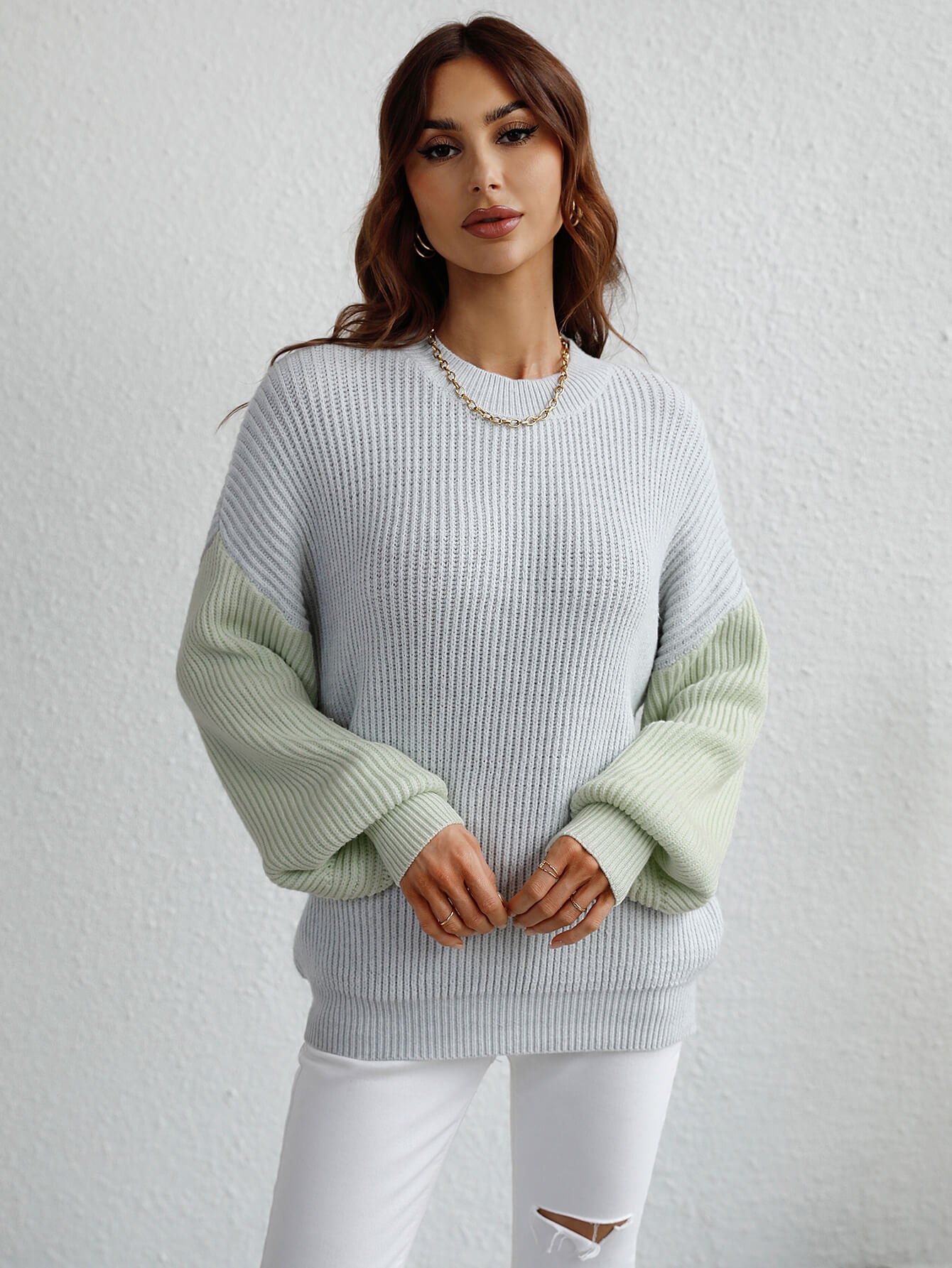 Gray Sun Kissed Two-Tone Rib-Knit Dropped Shoulder Sweater Shirts & Tops