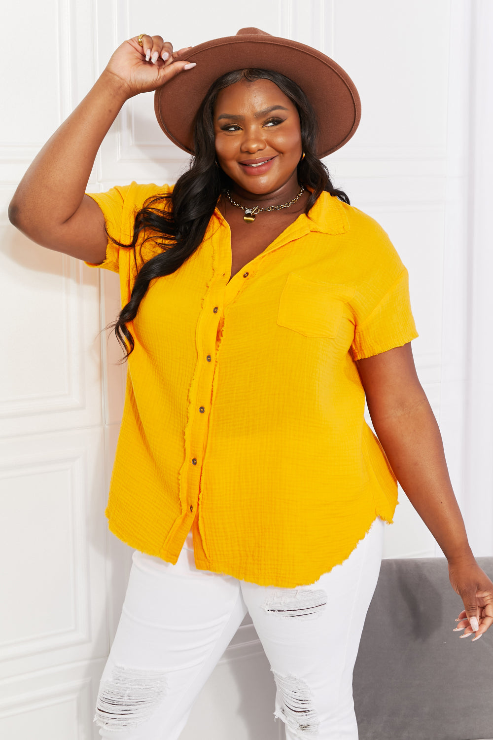 Antique White Zenana Full Size Summer Breeze Gauze Short Sleeve Shirt in Mustard Tops