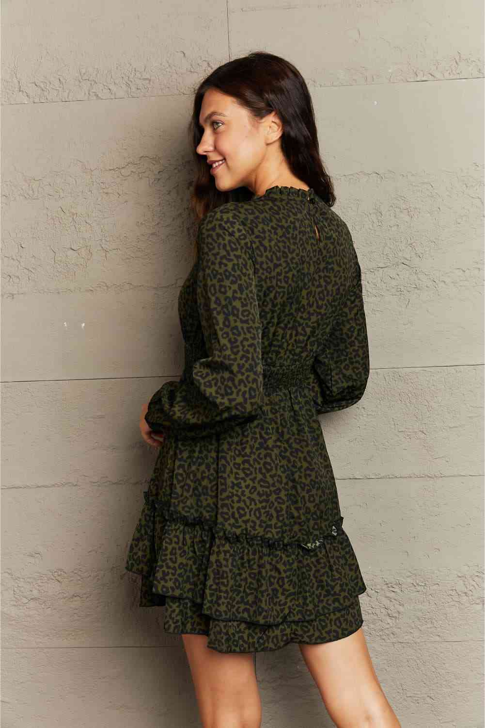 Dark Gray Leopard Smock Waist Long Sleeve Dress Trends