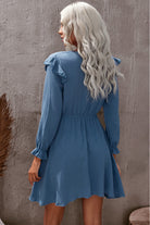 Dim Gray Ruffled V-Neck Flounce Sleeve Textured Dress Dresses